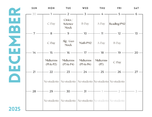 December Testing Calendar